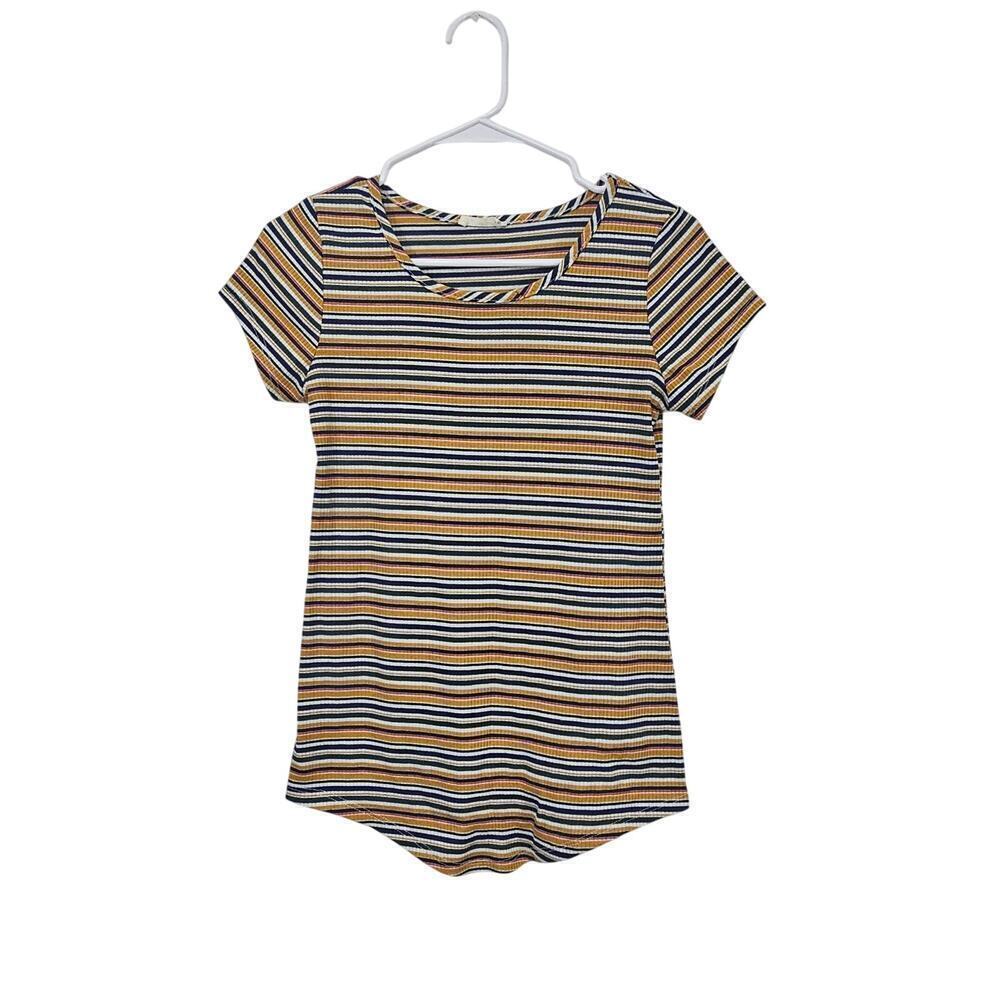 90s Style Striped Short Sleeve T-Shirt Stretch Size Medium